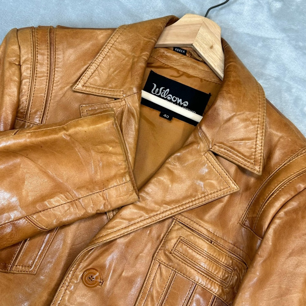 Wilsons Leather Jacket Mens 40 Tan Vintage Safari 3 Button Coat 2312